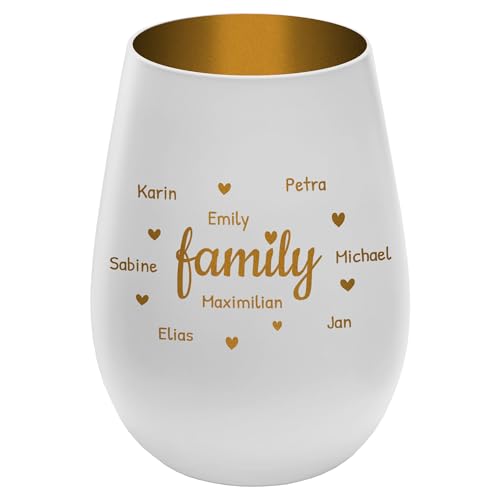 Windlicht mit Gravur Family - personalisierbar mit Namen - Außen Weiß/Innen Gold - Höhe 12 cm - Teelichthalter Kerzenhalter Vornamen Familienmitglieder von mtb more energy