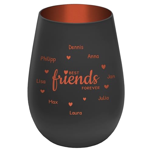 Windlicht mit Gravur ''Friends'' - personalisierbar mit Namen und Spruch - Schwarz/Kupfer - Höhe 12 cm - Teelichthalter Kerzenhalter Vornamen Freunde Freundinnen von mtb more energy