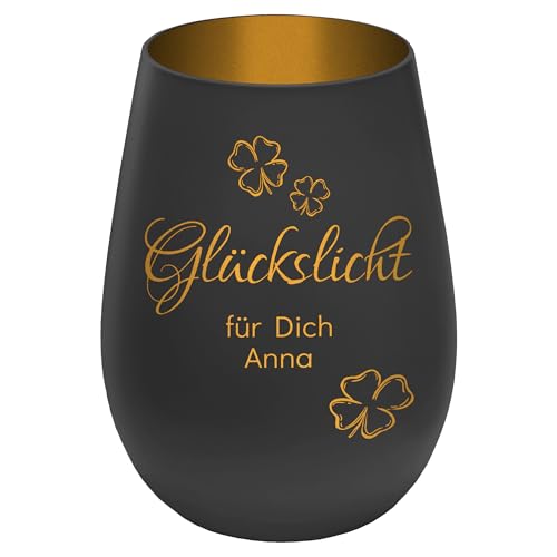 Windlicht mit Gravur Glückslicht - personalisierbar mit Wunschtext - Schwarz/Gold - Höhe 12 cm - Geschenk Teelichthalter Kerzenglas von mtb more energy