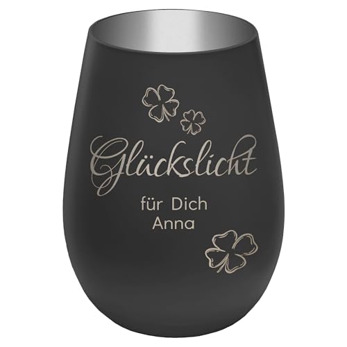 Windlicht mit Gravur Glückslicht - personalisierbar mit Wunschtext - Schwarz/Silber - Höhe 12 cm - Geschenk Teelichthalter Kerzenglas von mtb more energy