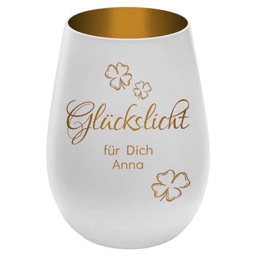 Windlicht mit Gravur Glückslicht - personalisierbar mit Wunschtext - Weiss/Gold - Höhe 12 cm - Geschenk Teelichthalter graviertes Kerzenglas von mtb more energy