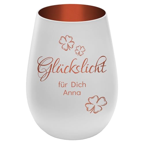 Windlicht mit Gravur Glückslicht - personalisierbar mit Wunschtext - Weiss/Kupfer - Höhe 12 cm - Geschenk Teelichthalter graviertes Kerzenglas von mtb more energy