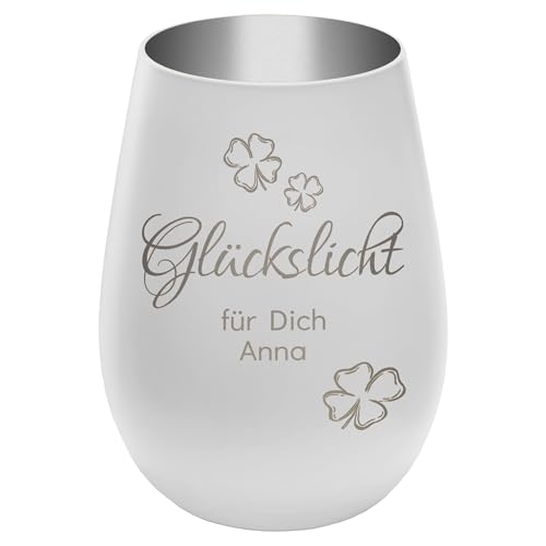 Windlicht mit Gravur Glückslicht - personalisierbar mit Wunschtext - Weiss/Silber - Höhe 12 cm - Geschenk Teelichthalter graviertes Kerzenglas von mtb more energy