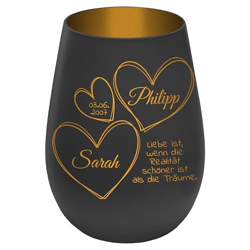 Windlicht mit Gravur ''In Liebe vereint'' - Schwarz/Gold - Glas Teelichthalter personalisierbar mit Wunschtext - Geschenk zu Valentinstag Hochzeit Verlobung Jahrestag von mtb more energy