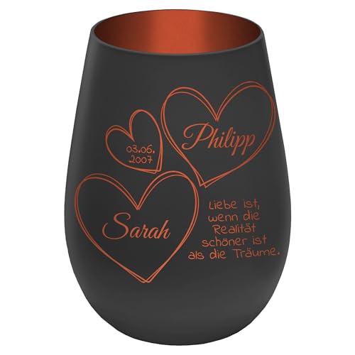 Windlicht mit Gravur ''In Liebe vereint'' - Schwarz/Kupfer - Glas Teelichthalter personalisierbar mit Wunschtext - Geschenk zu Valentinstag Hochzeit Verlobung Jahrestag von mtb more energy