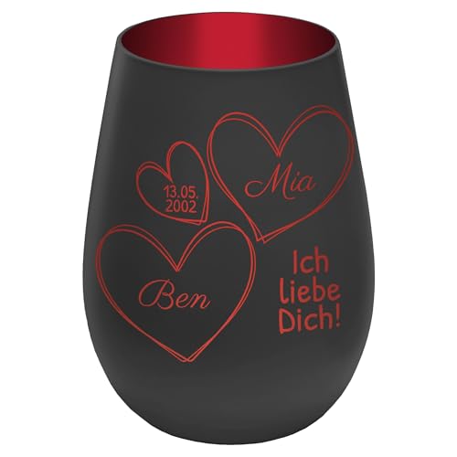 Windlicht mit Gravur ''In Liebe vereint'' - Schwarz/Rot - Glas Teelichthalter personalisierbar mit Wunschtext - Geschenk zu Valentinstag Hochzeit Verlobung Jahrestag von mtb more energy