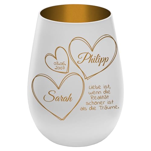Windlicht mit Gravur ''In Liebe vereint'' - Weiß/Gold - Glas Teelichthalter personalisierbar mit Wunschtext - Geschenk zu Valentinstag Hochzeit Verlobung Jahrestag von mtb more energy