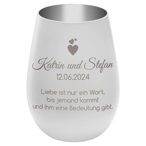 Windlicht mit Gravur ''In Love'' - Weiß/Silber - personalisierbarer Glas Teelichthalter mit Namen, Daten, Wunschtext - Höhe 12 cm - Geschenk zu Valentinstag Hochzeit Verlobung Jahrestag von mtb more energy