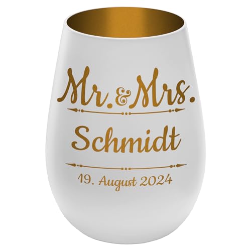 Windlicht mit Gravur ''Mr. & Mrs. Right'' - Weiß/Gold - Glas Teelichthalter personalisierbar mit Wunschtext - Geschenk zu Valentinstag Hochzeit Verlobung Jahrestag von mtb more energy