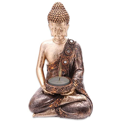 Deko Teelichthalter ''Golden Buddha'' - sitzender Thai Buddha mit Opferschale - Höhe ca 19 cm - Dekoration Meditation Statue von mtb more energy