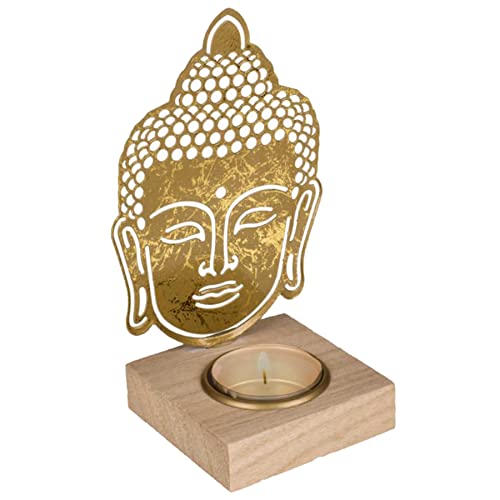 mtb more energy Deko Teelichthalter Mind of Buddha - goldenes Metall mit Holzfuss - Dekoration Kerzenhalter Meditation von mtb more energy