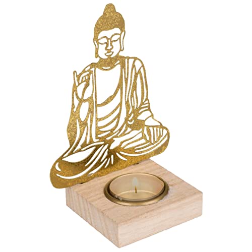 Deko Teelichthalter Way of Buddha - goldenes Metall mit Holzfuss - Dekoration Kerzenhalter Meditation von mtb more energy