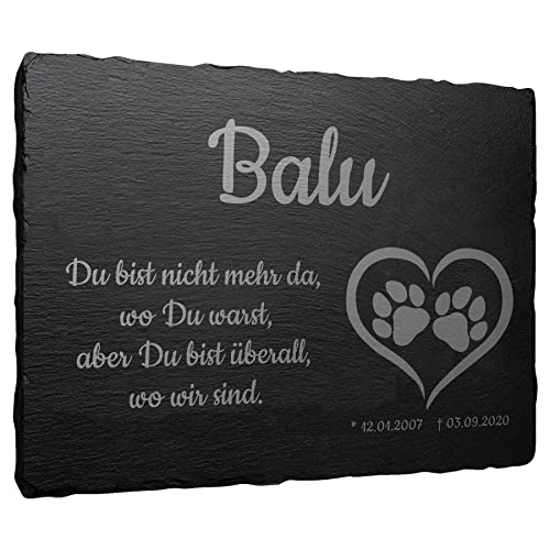 mtb more energy Gedenktafel Grabstein Schiefertafel - Pfoten in Herz ''Du bist Nicht mehr da'' - personalisierbar - 20x15 cm - Grabplatte Haustier Hund Katze von mtb more energy