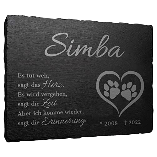 mtb more energy Gedenktafel Grabstein Schiefertafel - Pfoten in Herz ''Es TUT WEH'' - personalisierbar - 20x15 cm - Grabplatte Haustier Hund Katze von mtb more energy