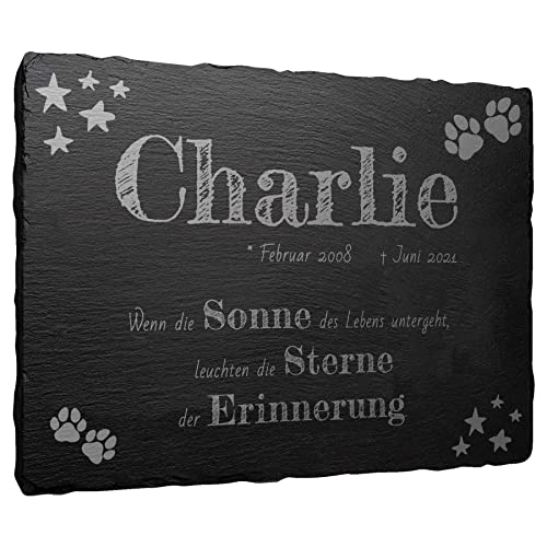mtb more energy Gedenktafel Grabstein Schiefertafel - Pfoten und Sterne ''Wenn die Sonne'' - personalisierbar - 20x15 cm - Grabplatte Haustier Hund Katze von mtb more energy