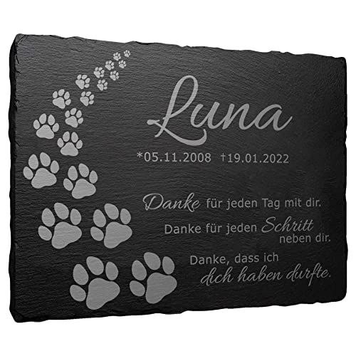 mtb more energy Gedenktafel Grabstein aus Schiefer mit Gravur - Pfotenweg ''Danke'' - personalisierbar - 20x15 cm - Grabplatte Haustier Hund Katze von mtb more energy
