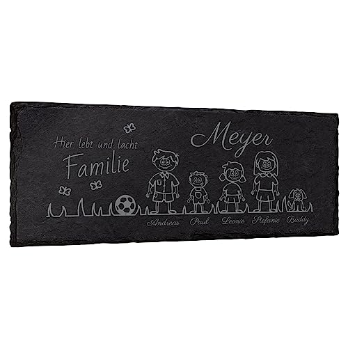 Graviertes Familienschild Türschild Namenschild Familie - frei wähl- und positionierbare Familienmitglieder, Haustiere, Dekoelemente - 25x10 cm - Laser Gravur auf Schiefer von mtb more energy