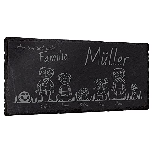 mtb more energy Graviertes Familienschild Türschild Namenschild Familie - frei wähl- und positionierbare Familienmitglieder, Haustiere, Dekoelemente - 30x15 cm - Laser Gravur auf Schiefer von mtb more energy