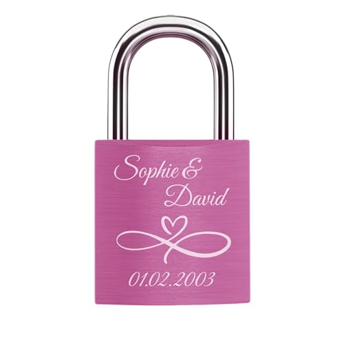 mtb more energy Graviertes Liebesschloss, frei gestaltbar mit vielen Farben, Motiven & Schriftarten - personalisiertes Liebes-Schloss Vorhängeschloss - individuelles Pärchen-Geschenk - Pink von mtb more energy