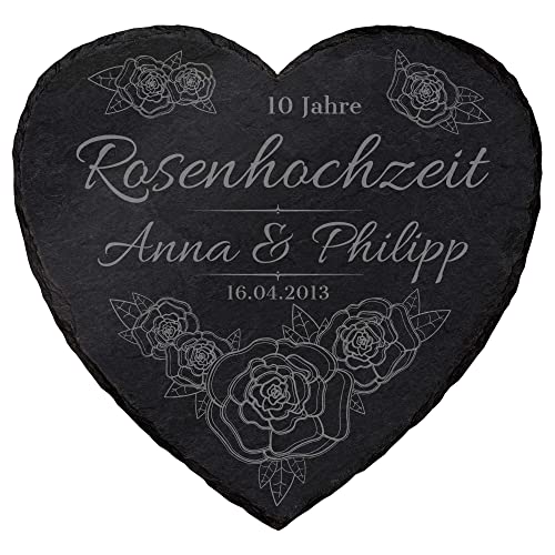 Personalisierbare Schiefertafel Herz ''10 Jahre Rosenhochzeit'' - individuell anpassbar - 20x20 cm - Laser Gravur auf Schieferherz - Hochzeit Geschenk von mtb more energy