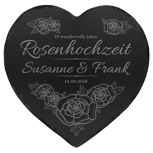 mtb more energy Personalisierbare Schiefertafel Herz ''10 Jahre Rosenhochzeit'' - individuell anpassbar - 25x25cm - Laser Gravur auf Schieferherz - Hochzeit Geschenk von mtb more energy