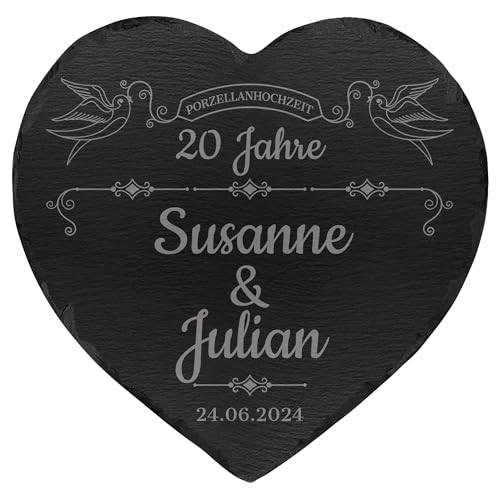 mtb more energy Personalisierbare Schiefertafel Herz ''20 Jahre Porzellanhochzeit'' - individuell anpassbar - 20x20cm - Laser Gravur auf Schieferherz - Hochzeit Geschenk von mtb more energy
