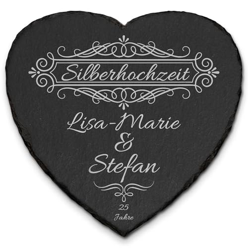 mtb more energy Personalisierbare Schiefertafel Herz ''25 Jahre Silberhochzeit'' - individuell anpassbar - 20x20cm - Laser Gravur auf Schieferherz - Geschenk für Silberne Hochzeit von mtb more energy