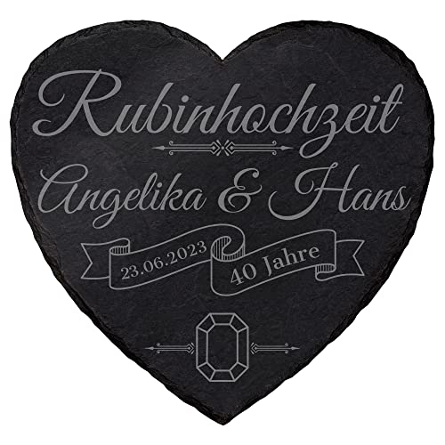 mtb more energy Personalisierbare Schiefertafel Herz ''40 Jahre Rubinhochzeit'' - individuell anpassbar - 20x20 cm - Laser Gravur auf Schieferherz - Hochzeit Geschenk von mtb more energy