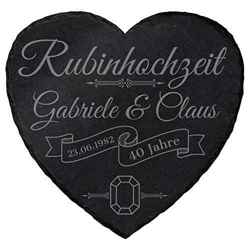 mtb more energy Personalisierbare Schiefertafel Herz ''40 Jahre Rubinhochzeit'' - individuell anpassbar - 25x25 cm - Laser Gravur auf Schieferherz - Hochzeit Geschenk von mtb more energy