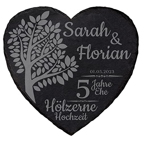 Personalisierbare Schiefertafel Herz ''5 Jahre Hölzerne Hochzeit'' - individuell anpassbar - 20x20 cm - Laser Gravur auf Schieferherz - Hochzeit Geschenk von mtb more energy