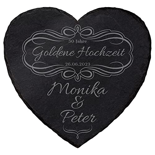 mtb more energy Personalisierbare Schiefertafel Herz ''50 Jahre Goldene Hochzeit'' - individuell anpassbar - 20x20 cm - Laser Gravur auf Schieferherz - Hochzeit Geschenk von mtb more energy