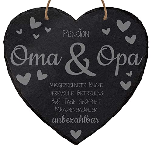 Schiefertafel Herz Schieferherz zum Aufhängen ''Pension Oma & Opa'' - 20x20 cm - hochwertige Laser Gravur auf Natur-Schiefer - inklusive Kordel - tolles Geschenk für Großeltern von mtb more energy