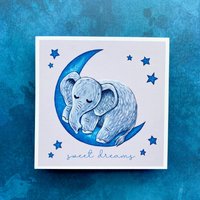 Süßer Elefant Mini Kunstdruck, 4x4 Kinderzimmer Dekor, Halbmond Kunst, Wandkunst Drucke, Geschenke Für Babyparty von mtnqueststudios
