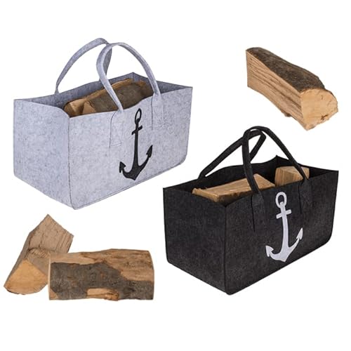 mucHome 2 Stück Filztaschen Anker Maritim Hellgrau & Dunkelgrau mit Tragegriffen für Kaminholz ca. 50 x 25 cm für bis max. 15kg Füllgewicht Filzkorb Einkaufstasche Zeitungsständer von mucHome