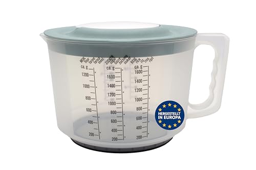 mucHome 3in1 Messbecher 2L Rührbecher mit Spritzschutz, Verschlussdeckel und Ausgießer - Rührschüssel aus Kunststoff mit gummierter Boden zum Kochen und Backen - Qualitätsprodukt aus Europa (Grün) von mucHome