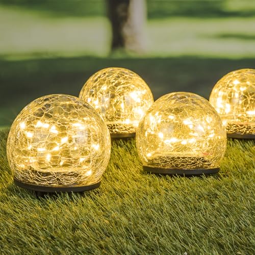 mucHome 4er Set LED Solar Kugel in Bruchglas Optik - Crackle Glas Gartenlampen Set mit 20 LED je Solarlampe Warmweiß, mit Erdspieß Leuchten für Garten Gehweg Blumenbeet Solarleuchte Kugellampe von mucHome