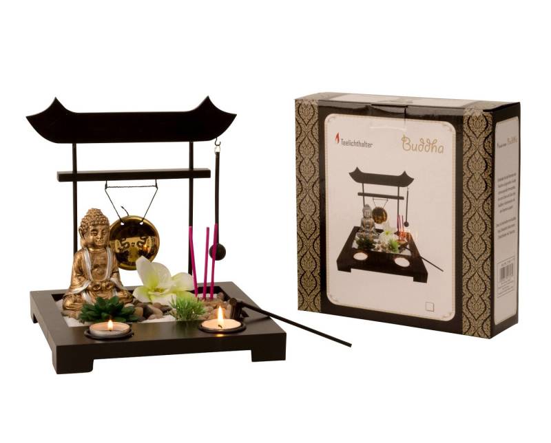 mucHome Buddhafigur Teelichthalter Buddha Zen Garten Set, Gold, mit Zubehör von mucHome
