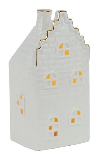 mucHome Haus mit LED aus Porzellan Gold/weiß Lichthaus glänzend (Satteldach 8,5x7x16,5cm) von mucHome