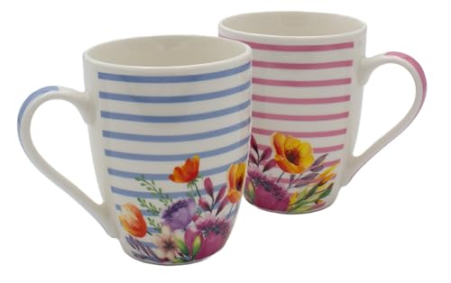 mucHome Kaffeebecher Frühling aus Porzellan, blau/rosa mit Blumen, 345 ml, Ø 8 cm, Höhe 10,5 cm, Kaffeetasse (2er Set Kaffeebecher) von mucHome
