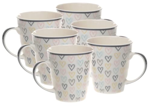 mucHome Kaffeebecher Herzen aus Porzellan, 340 ml, Ø 9 cm, Höhe 9,5 cm, creme weiß mit bunten Herzchen (6er Set Kaffeebecher) von mucHome