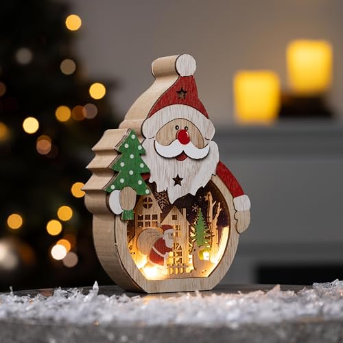 mucHome LED Holzdeko Schneemann & Weihnachtsmann mit 5 warmweiße LEDs Beleuchtung Weihnachtsdekoration Weihnachten Winter Deko Tischdeko Fenster Holz mit Beleuchtung (Weihnachtsmann) von mucHome