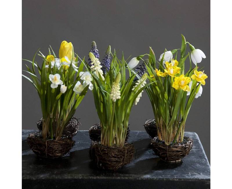 Kunstblume 6er-Set Künstliche Frühlingsblüher im Rattan-Nest 6-Fach Sortiert, mucPlants von mucPlants