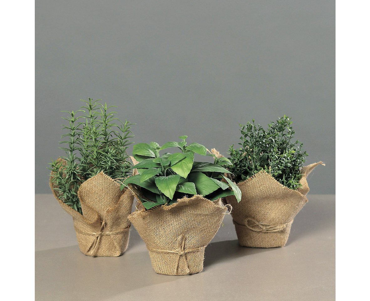 Kunstpflanze 3er-Set künstliches Kräutersortiment im braunen Jutebeutel Basilikum, Rosmarin und Thymian, mucPlants, Höhe 22 cm von mucPlants