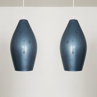 Lovely Set Of 2 Perforated Mid-Century Modern Blue Pendant Lamps | 1950S von mucdesign