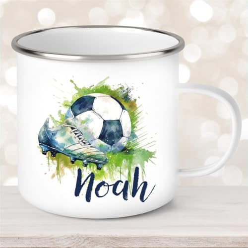 Tasse Fußball #4 Wunschname Emaille oder Keramik Kinderbecher personalisiert MaterialType1 Emaille von muckki.de