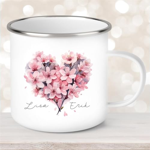 Tasse Liebe - Kirschblüten-Herz Valentinstag Wunschnamen Emaille oder Keramik personalisiert MaterialType1 Emaille von muckki.de