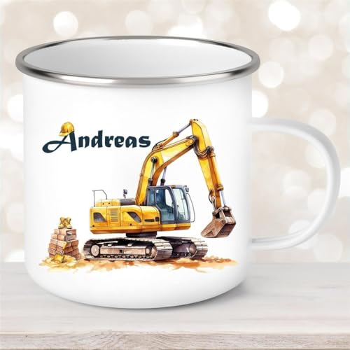Tasse Wunschname Baustelle Bagger Emaille Kinderbecher von muckki.de