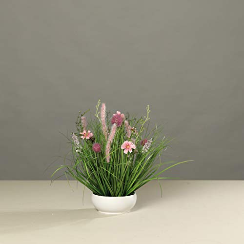 mucplants Blumengesteck pink/lila künstliche Wiesenblumen in weißer Schale, H40cm Tischgesteck Kunstblumen von mucplants