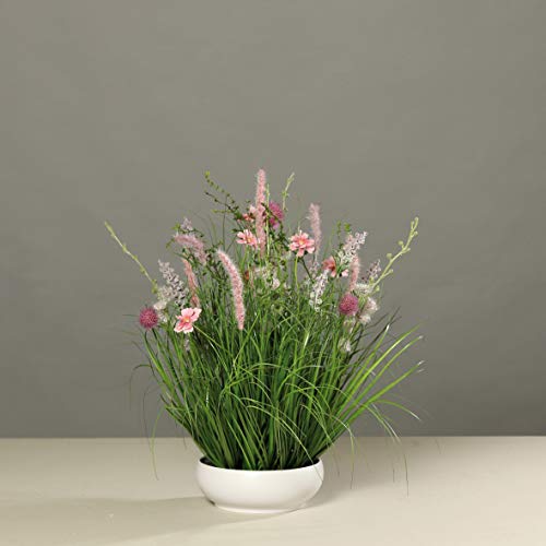 mucplants Blumengesteck pink/lila künstliche Wiesenblumen in weißer Schale, H50cm Tischgesteck Kunstblumen von mucplants