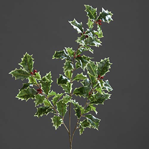 mucplants Ilexzweig Grün-Weiß mit roten Beeren Höhe 52cm Kunstzweig Künstlicher Ilex Kunstblumen von mucplants